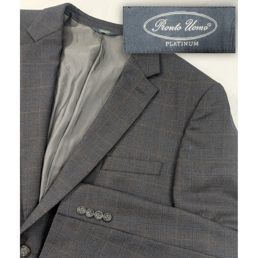 Pronto Uomo Blazer Coat Sport Suit Jacket 100% WOOL‎ Gray Windowpane  48L 50"